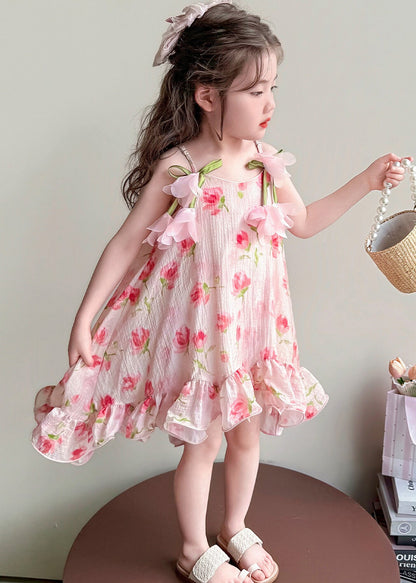 Stylish Pink Ruffled Floral Cotton Baby Girls Mini Dress Summer