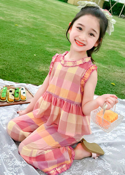 Stylish Plaid Patchwork Kids Top And Wide Leg Pants Two Pieces Set Sleeveless