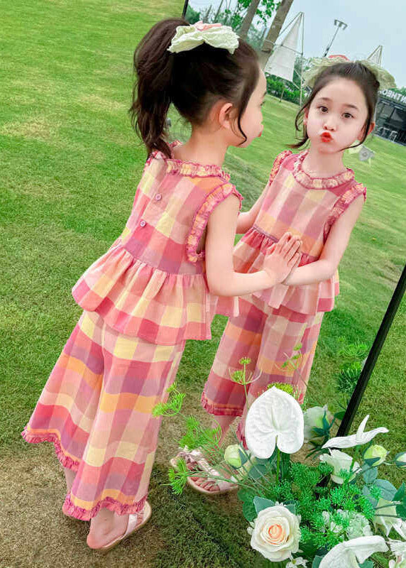 Stylish Plaid Patchwork Kids Top And Wide Leg Pants Two Pieces Set Sleeveless