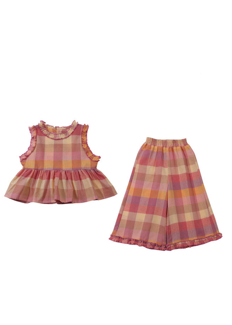 Stylish Plaid Patchwork Kids Top And Wide Leg Pants Two Pieces Set Sleeveless