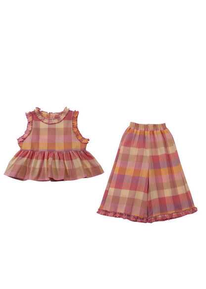 Stylish Plaid Patchwork Kids Top And Wide Leg Pants Two Pieces Set Sleeveless