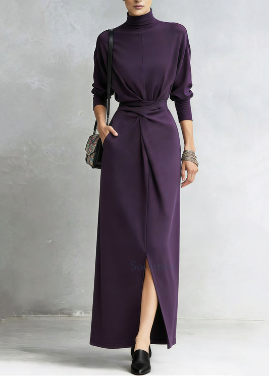 Stylish Purple Cinched Side Open Cotton Long Dresses Spring