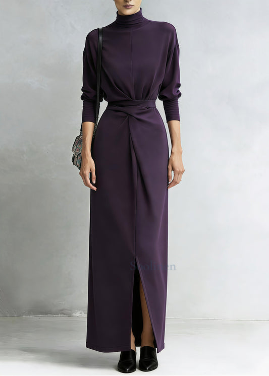 Stylish Purple Cinched Side Open Cotton Long Dresses Spring