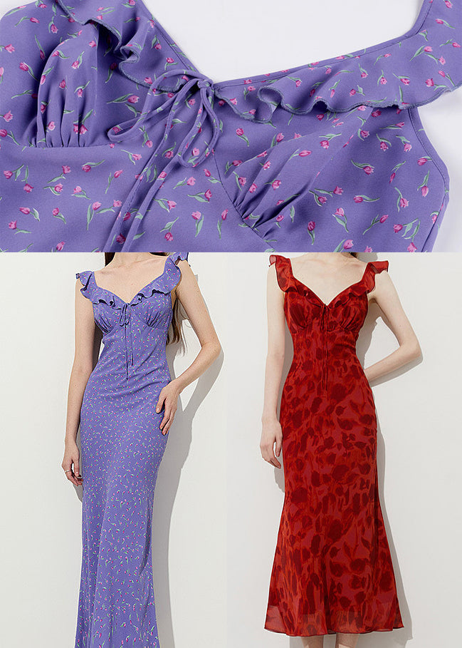 Stylish Purple Ruffled Print Chiffon Party Dress Summer