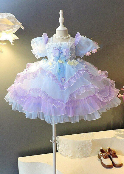 Stylish Purple Square Collar Ruffled Patchwork Tulle Kids Long Dresses Summer