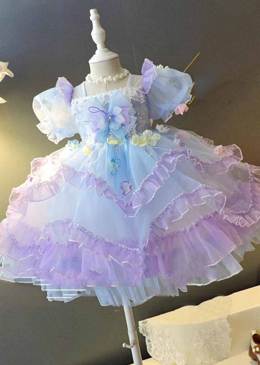 Stylish Purple Square Collar Ruffled Patchwork Tulle Kids Long Dresses Summer
