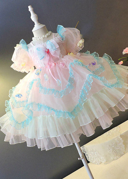 Stylish Purple Square Collar Ruffled Patchwork Tulle Kids Long Dresses Summer