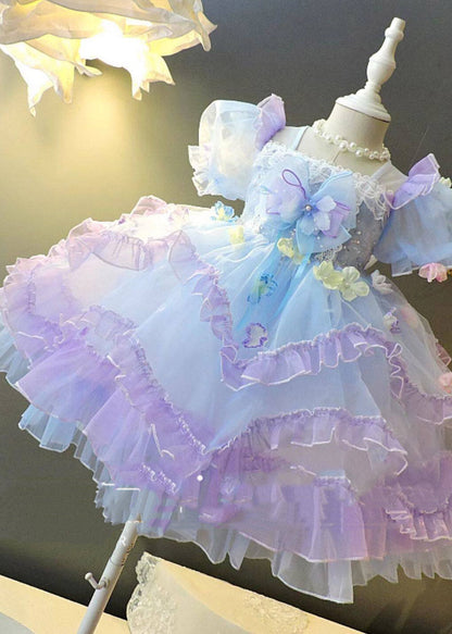 Stylish Purple Square Collar Ruffled Patchwork Tulle Kids Long Dresses Summer