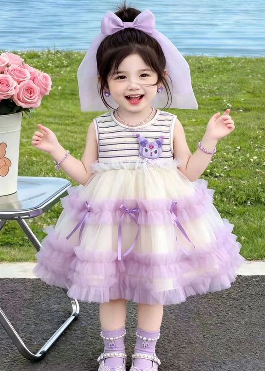 Stylish Purple Striped Patchwork Tulle Kids Girls Kuromi Dresses Summer
