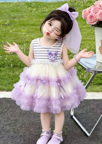 Stylish Purple Striped Patchwork Tulle Kids Girls Kuromi Dresses Summer