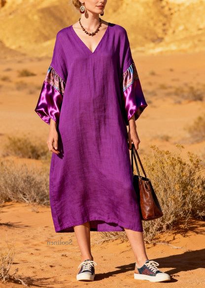 Stylish Purple V Neck Silk Patchwork Linen Dresses Summer