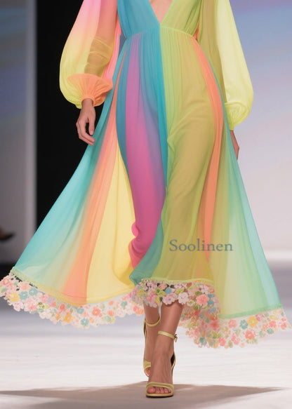Stylish Rainbow Floral High Waist Chiffon Long Dresses Spring
