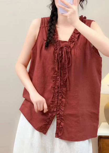 Stylish Red Ruffled Oversized Linen Shirt Summer