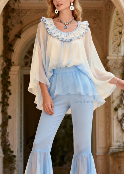 Stylish Ruffled Patchwork Silk Women Sets 2 Pieces Summer