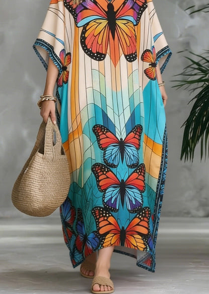Stylish V Neck Butterfly Print Chiffon Maxi Dresses Summer