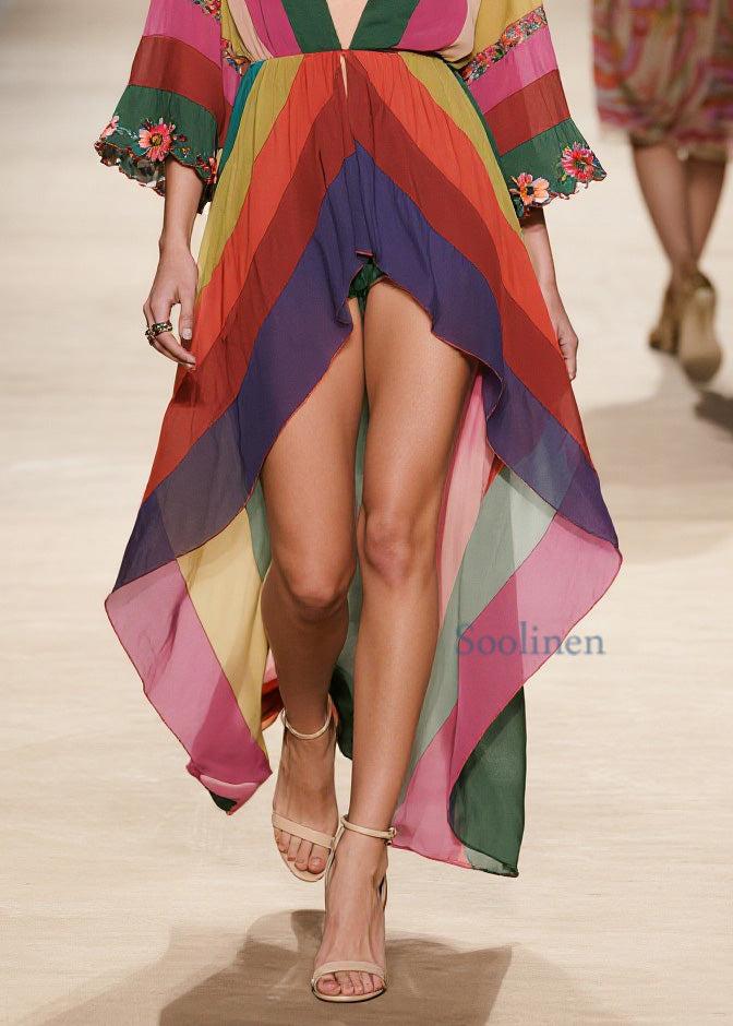 Stylish V Neck Floral Low High Design Chiffon Dresses Summer