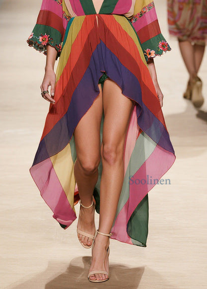 Stylish V Neck Floral Low High Design Chiffon Dresses Summer