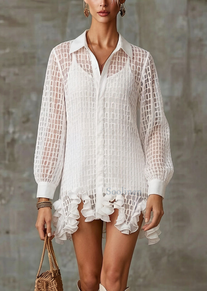 Stylish White Ruffled Hollow Out Tulle Shirt Dress Spring