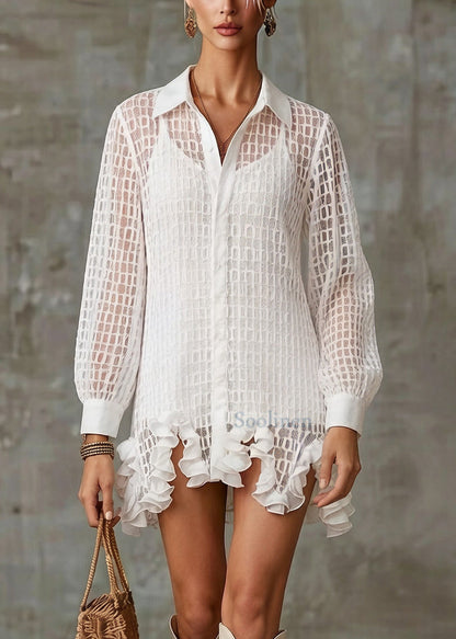 Stylish White Ruffled Hollow Out Tulle Shirt Dress Spring