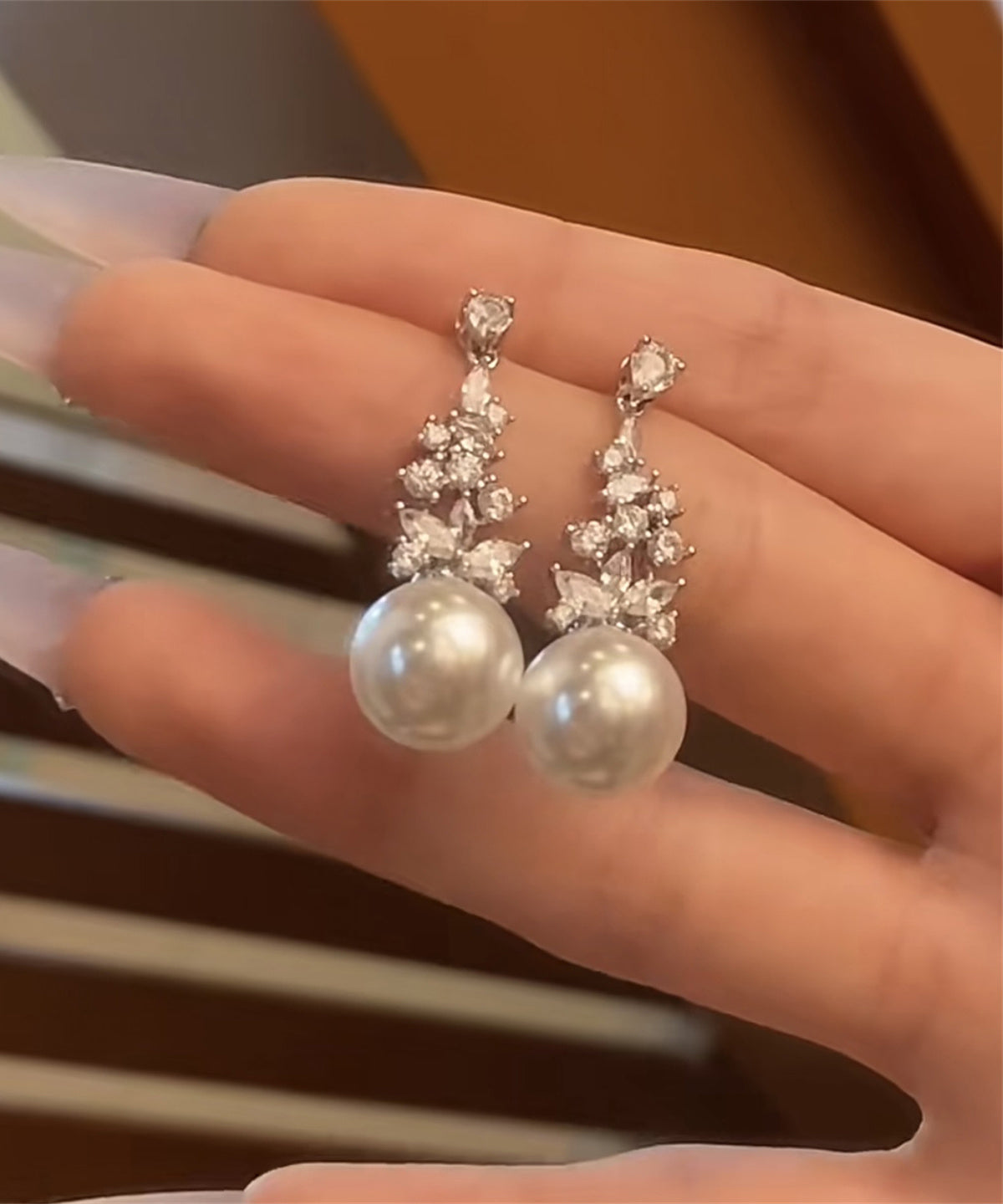 Stylish White Shiny Zircon Pearl Drop Earrings