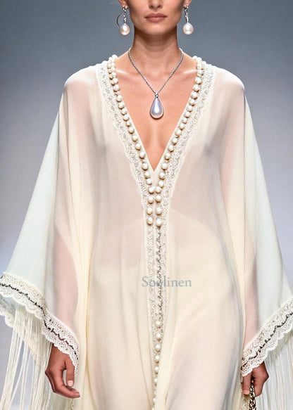 Stylish White Tasseled Handmade Pearls Chiffon Holiday Dress Summer