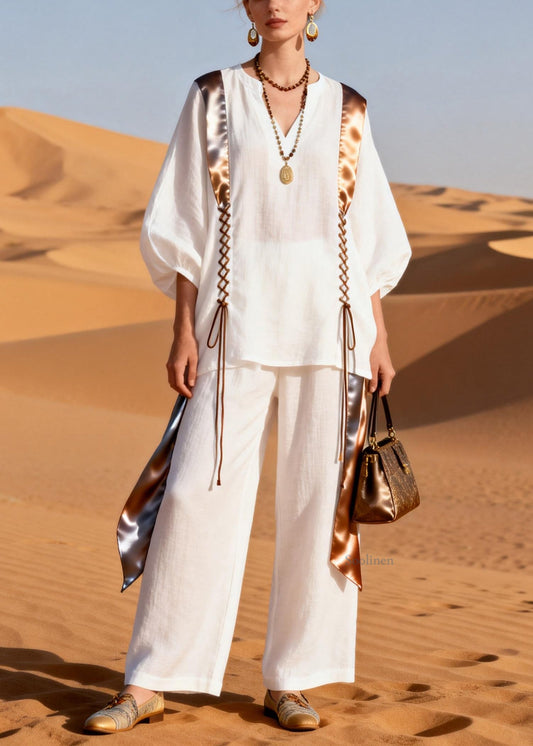 Stylish White V Neck Lace Up Patchwork Linen Two Pieces Set Lantern Sleeve