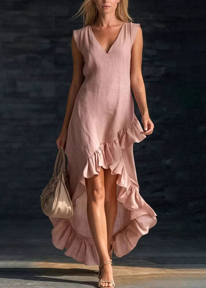 Stylish White V Neck Ruffled Patchwork Cotton Dresses Summer