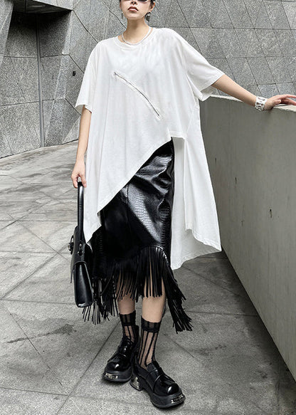 Stylish White Zip Up Asymmetrical Design Cotton Top Summer