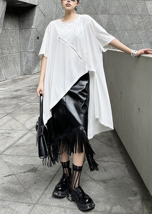 Stylish White Zip Up Asymmetrical Design Cotton Top Summer