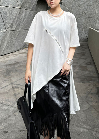 Stylish White Zip Up Asymmetrical Design Cotton Top Summer