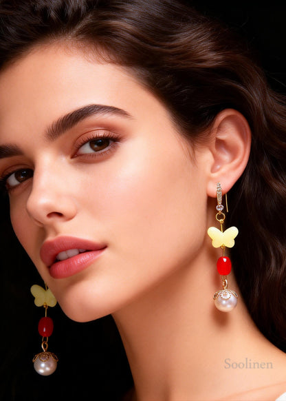 Stylish Yellow Butterfly Beeswax Fine Pearl Zircon Drop Earrings