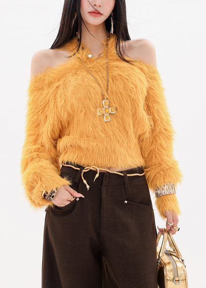 Stylish Yellow Cold Shoulder Fur Knitted Sweaters Tops Spring