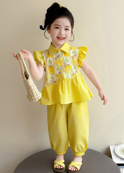 Stylish Yellow Peter Pan Collar Print Girls Top And Crop Pants Two Pieces Set Summer