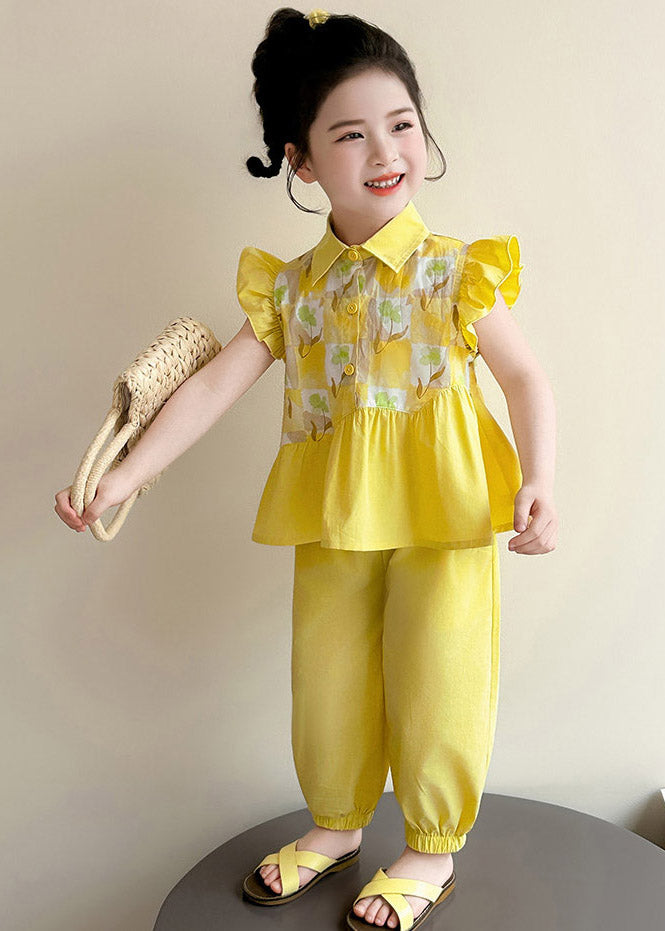 Stylish Yellow Peter Pan Collar Print Girls Top And Crop Pants Two Pieces Set Summer
