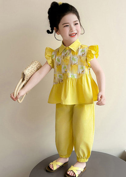 Stylish Yellow Peter Pan Collar Print Girls Top And Crop Pants Two Pieces Set Summer