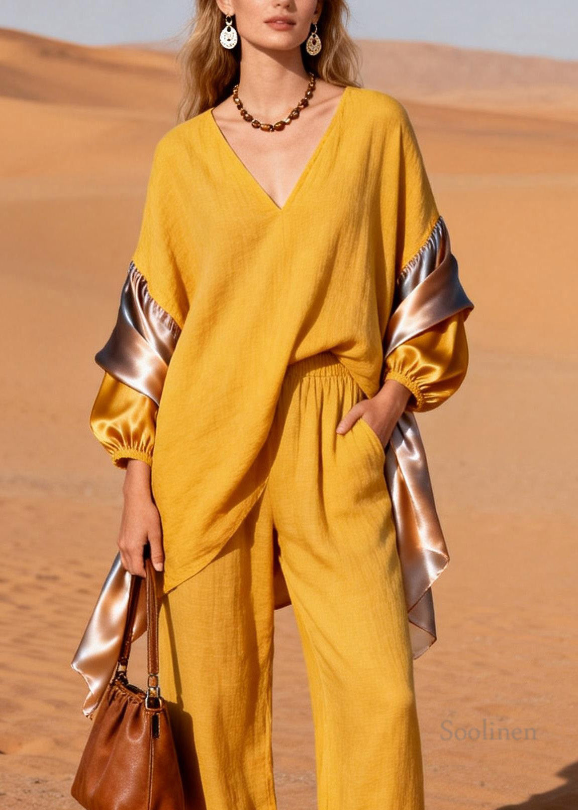 Stylish Yellow V Neck Patchwork Linen Silk Two Pieces Set Spring