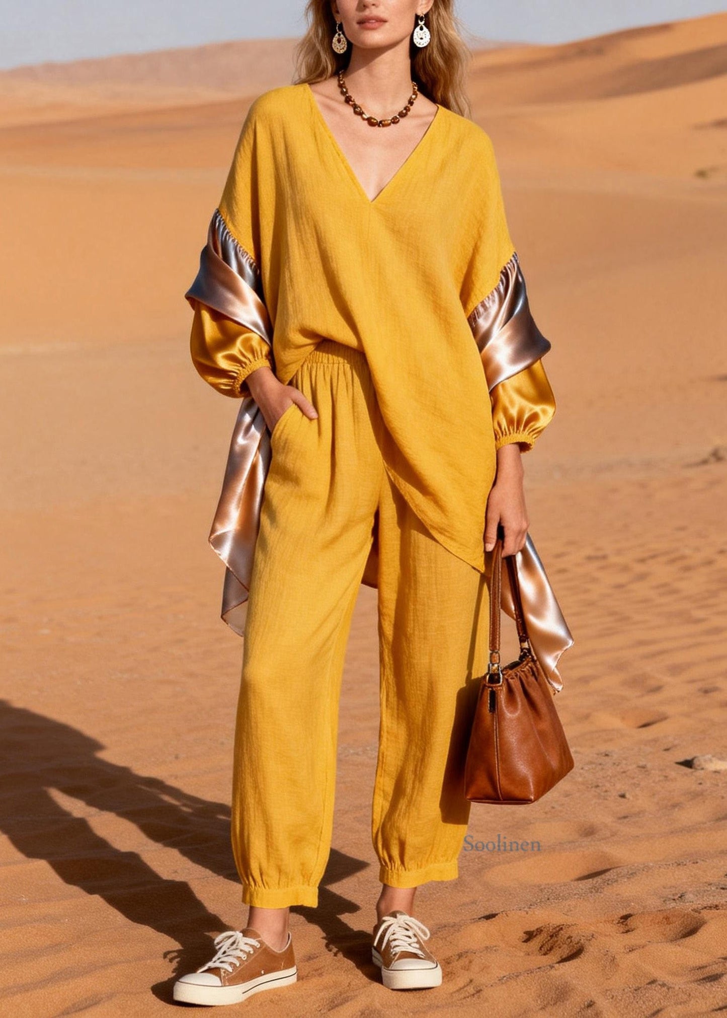Stylish Yellow V Neck Patchwork Linen Silk Two Pieces Set Spring