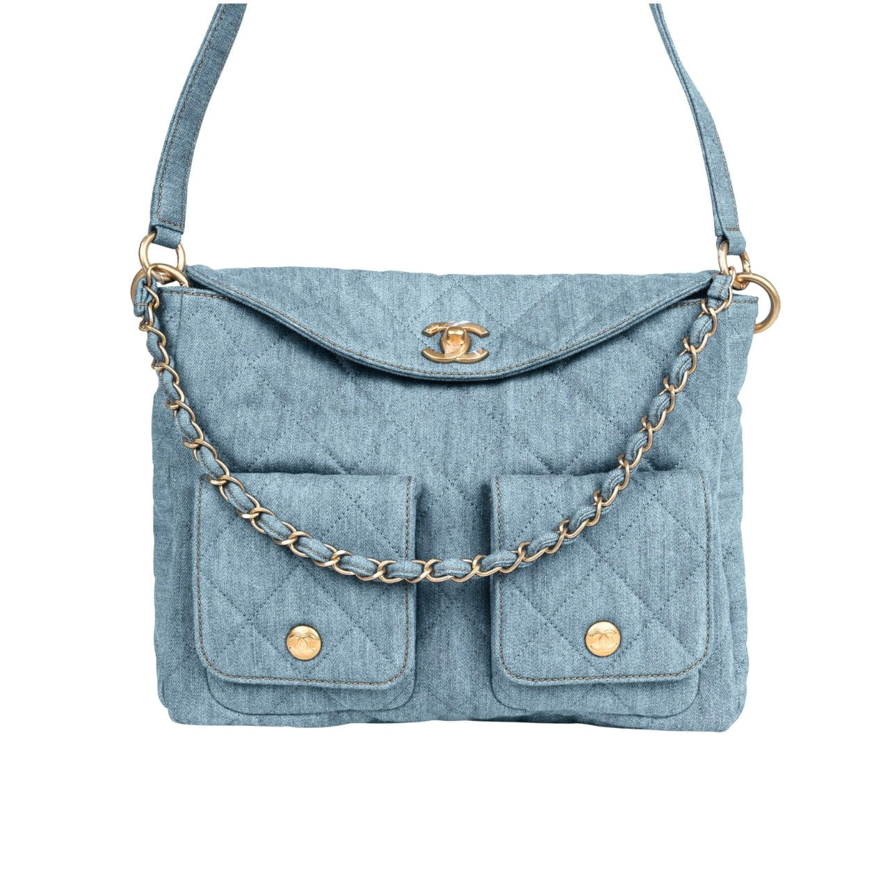 CHANEL LARGE SUPPLE TWINS HOBO BAG BLUE DENIM 28CM
