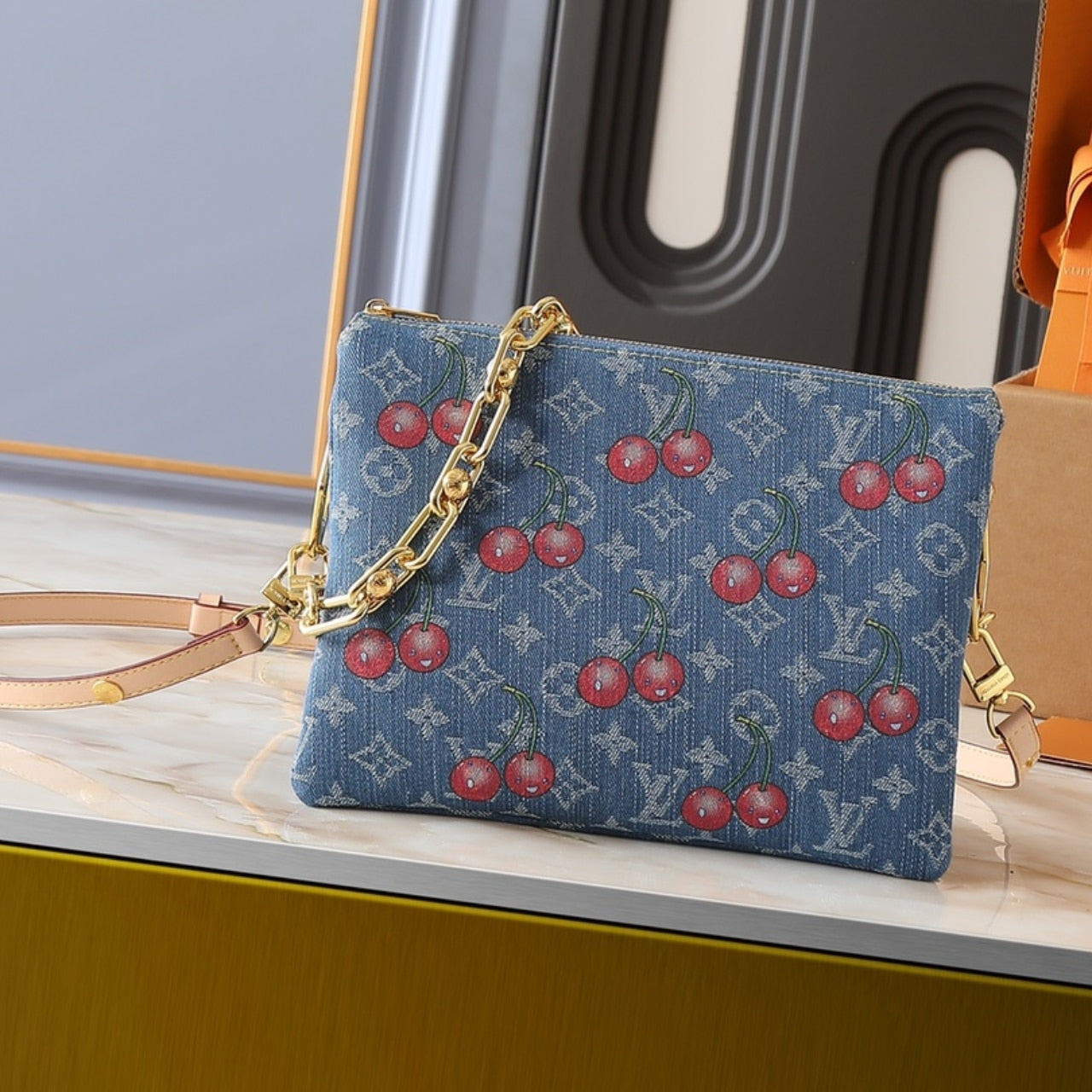 LOUIS VUITTON X TAKASHI MURAKAMI PM COUSSIN BAG DENIM MONOGRAM CHERRY BLUE 26CM M14978