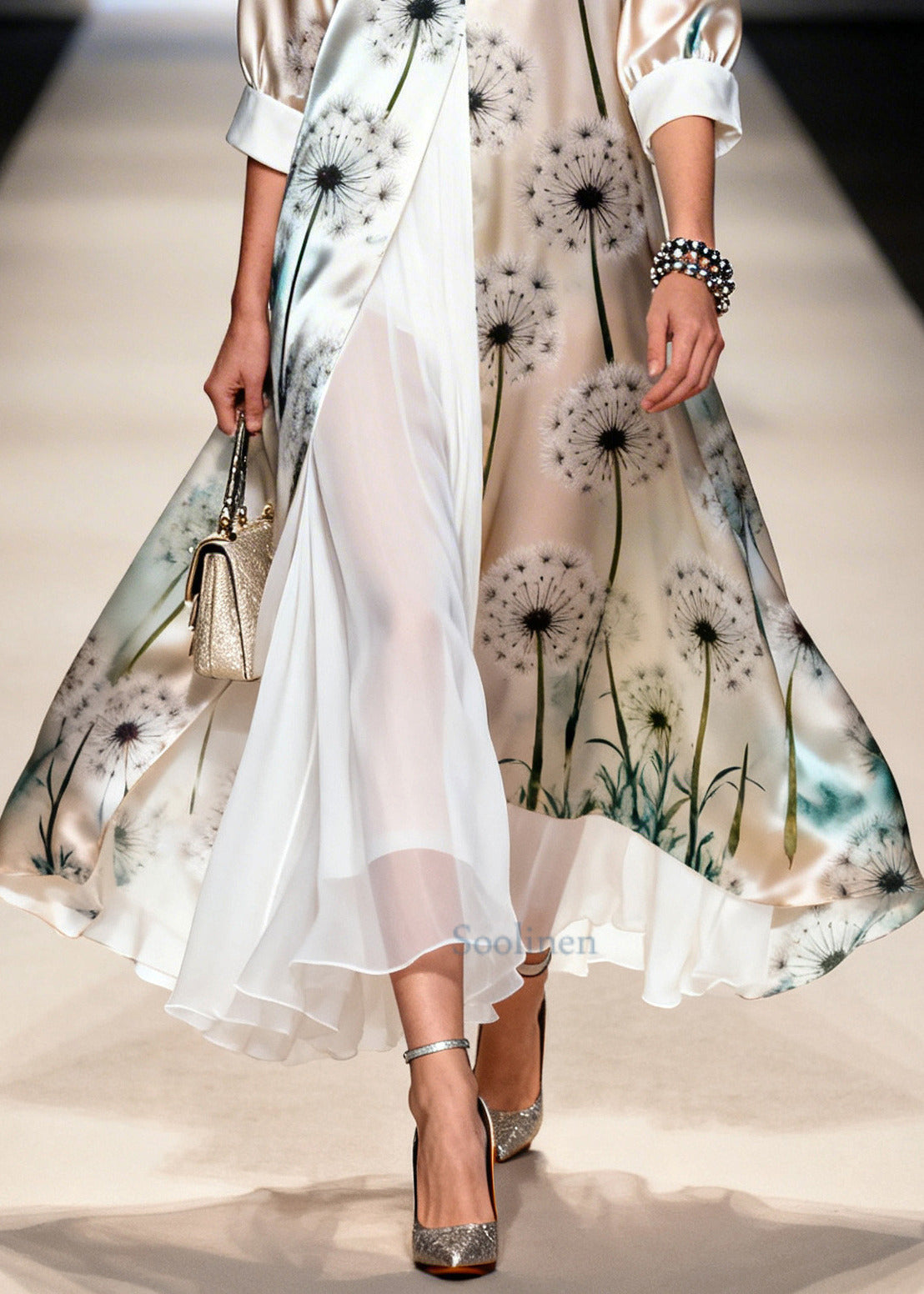 Unique Apricot Dandelion Print Chiffon Fake Two Piece Dress Summer