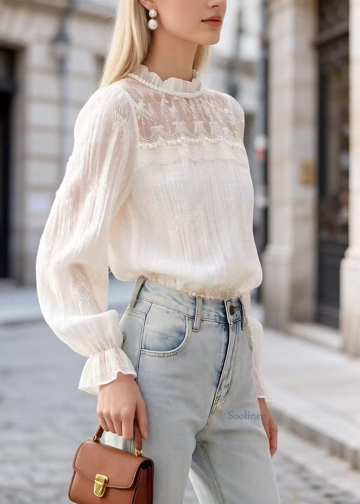 Unique Apricot Lace Nail Bead Patchwork Cotton Blouses Flare Sleeve