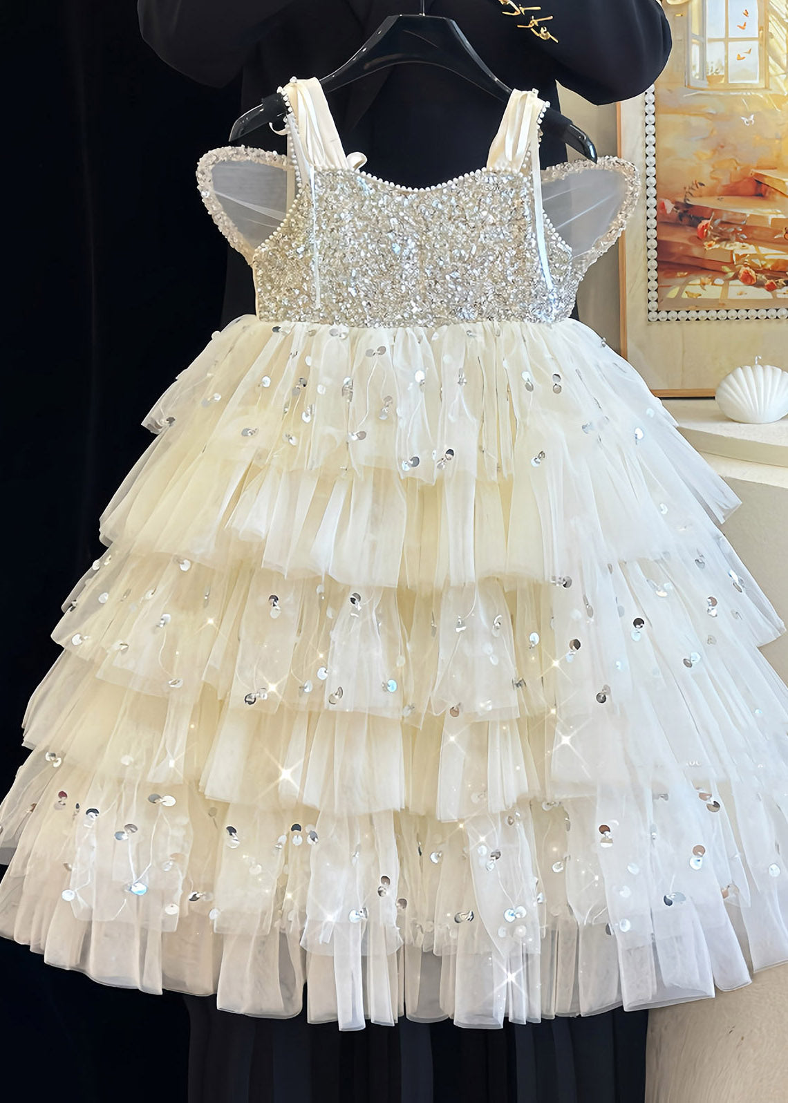 Unique Apricot Wing Sequins Patchwork Tulle Girls Long Dresses Summer