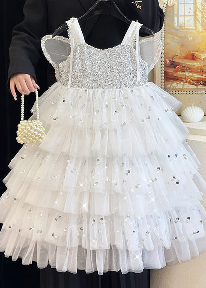 Unique Apricot Wing Sequins Patchwork Tulle Girls Long Dresses Summer