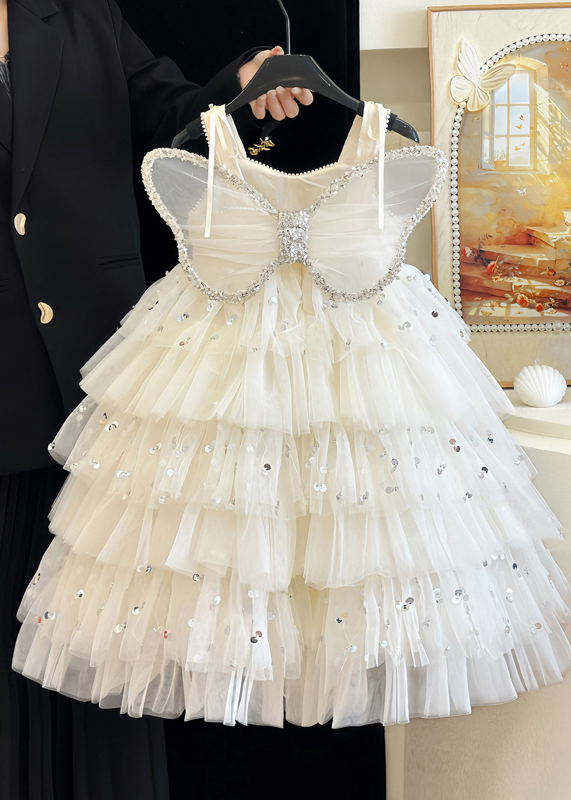 Unique Apricot Wing Sequins Patchwork Tulle Girls Long Dresses Summer