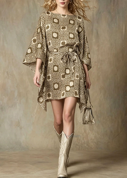 Unique Asymmetrical Design Geometric Print Lace Up Dress Batwing Sleeve