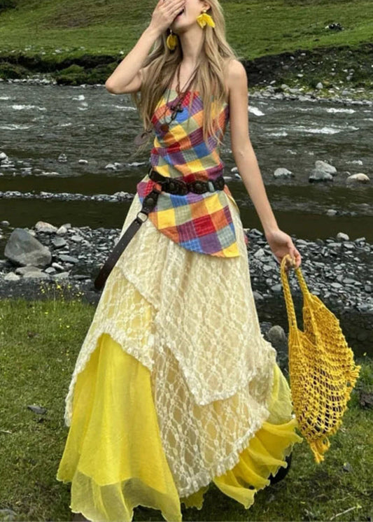 Unique Asymmetrical Patchwork Cotton Two Piece Set Women Clothing Summer