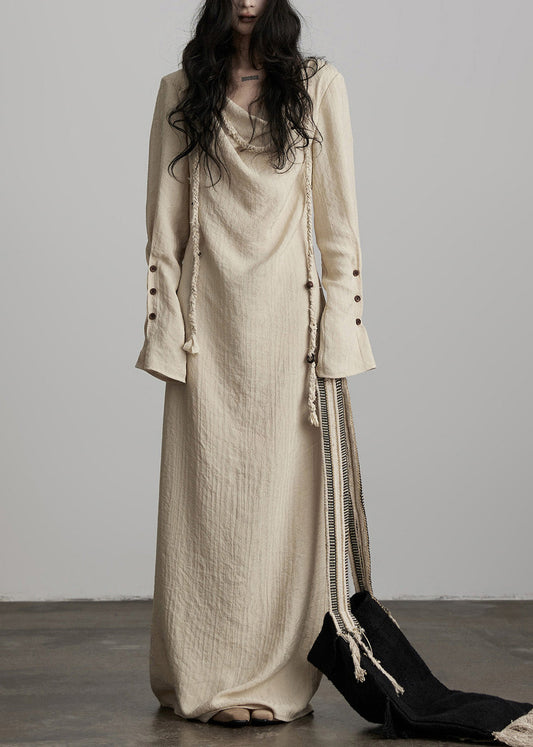Unique Beige Button Lace Up Cotton Maxi Dress Spring