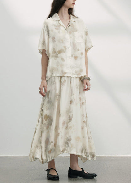 Unique Beige Print Drawstring Tops And Skirts Cotton Two Pieces Set Summer