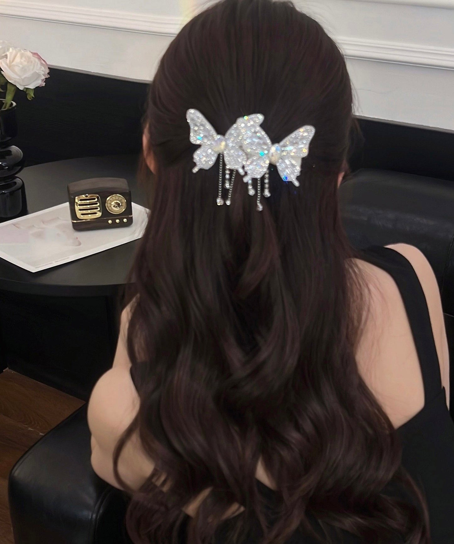 Unique Black Alloy Zircon Butterfly Tassel A Pair Hairpin