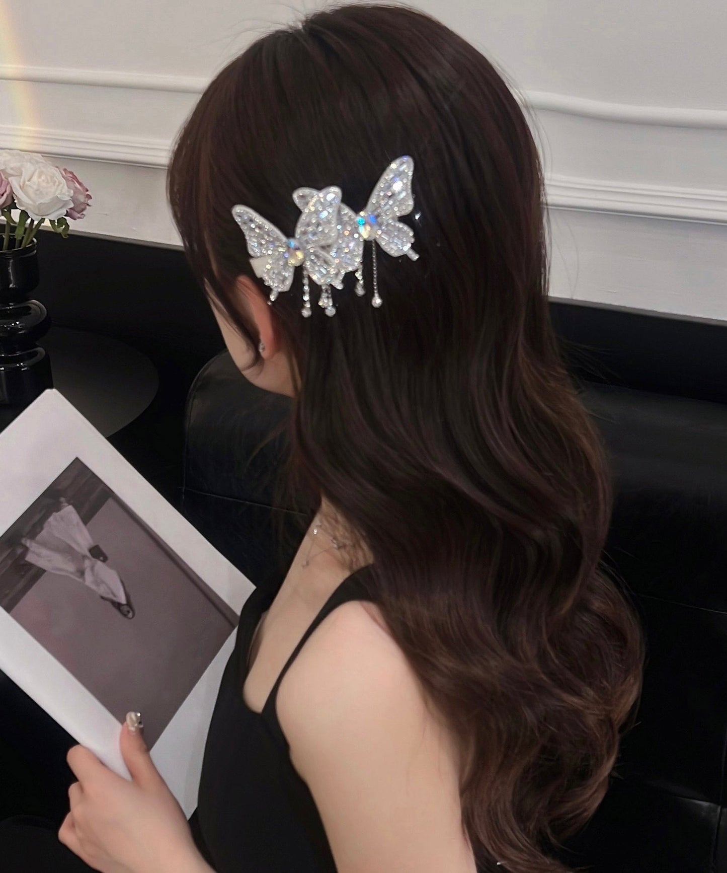 Unique Black Alloy Zircon Butterfly Tassel A Pair Hairpin